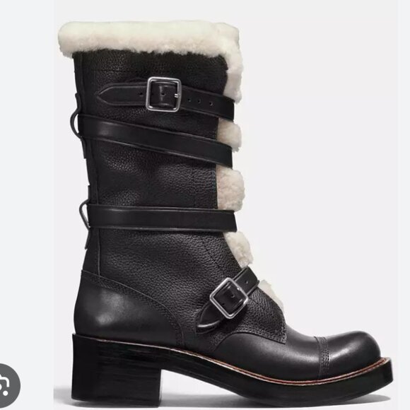 COACH Moto Shearling Pebbled Leather Buckle Boots NEW Sz 5 US Wmn Shipped in Box - Picture 1 of 6